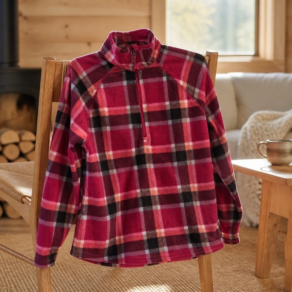 Eddie Bauer Womens Fleece 1/4 Zip Pullover NEW Berry Plaid NEW Red/Pink Small S